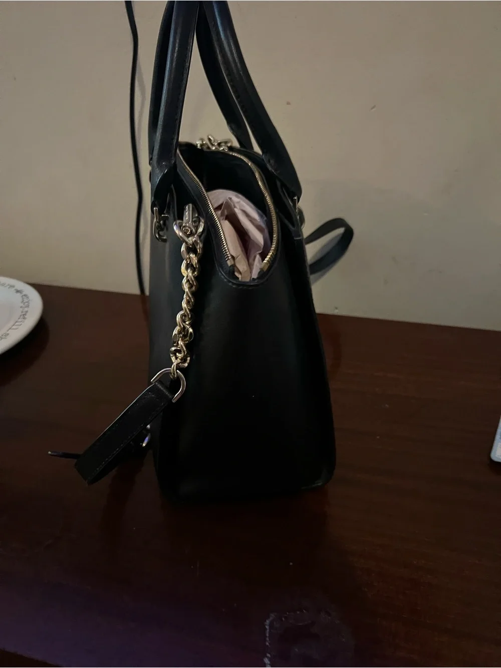 Michael Kors Black Leather Dome Satchel with Chain Accent